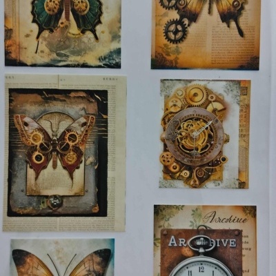 Seis quadros decorativos steampunk com borboletas, engrenagens e relógio antigo