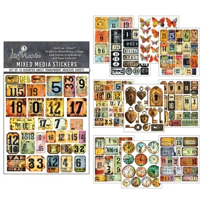 Conjunto de autocolantes variados de média mista com números, borboletas, fechaduras e relógios em estilo vintage.