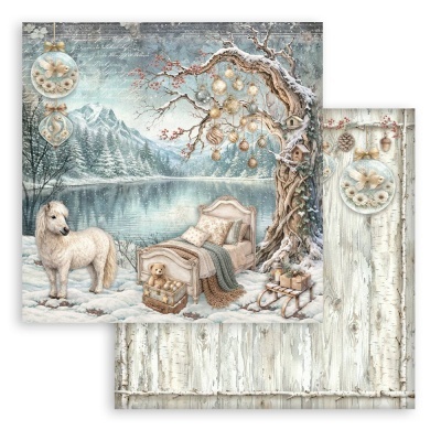 Papel de parede decorativo com cama, cavalo branco e paisagem de inverno