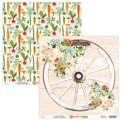 Papel decorativo dupla face com padrão de legumes e roda de madeira com flores