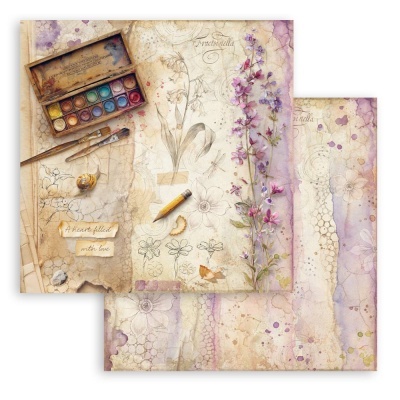Folha decorativa com pintura, flores e caixa de aguarelas