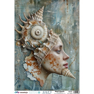 Perfil feminino decorado com conchas marinhas em fundo texturizado azul e castanho