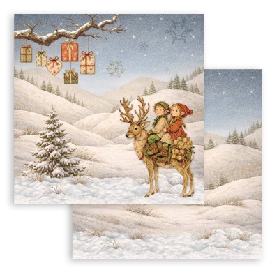 Papel de embrulho de Natal com crianças e rena na paisagem nevada.