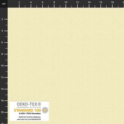 Tecido bege claro com padrão texturizado e etiqueta OEKO-TEX STANDARD 100.