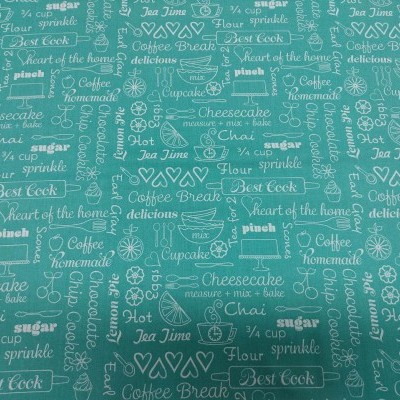 Padrão azul turquesa com texto branco e desenhos de utensílios de cozinha