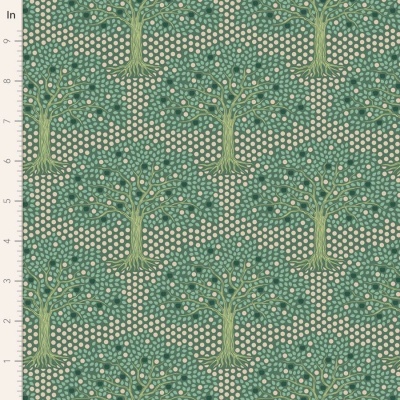 Tecido verde com padrão de árvores e bolinhas amarelas com régua à esquerda