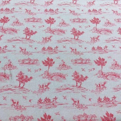 Tecido branco com padrão vermelho de cenas campestres