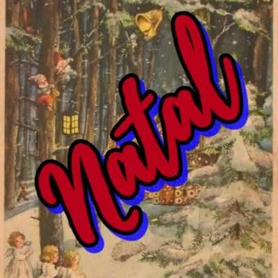 Ilustração natalícia com neve, árvores, crianças, casa iluminada e palavra 'Natal' vermelha em destaque