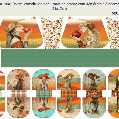 Painel com imagens femininas e florais, mala de ombro e seis necessaires com padrões variados