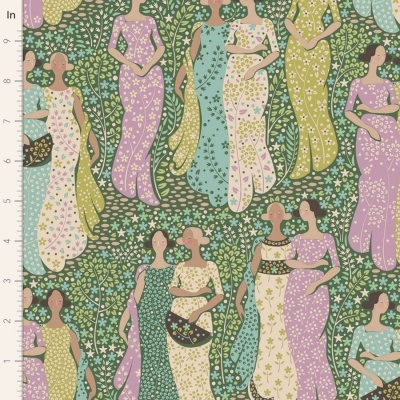 Padrão têxtil com figuras femininas vestindo vestidos florais em tons pastel sobre fundo verde