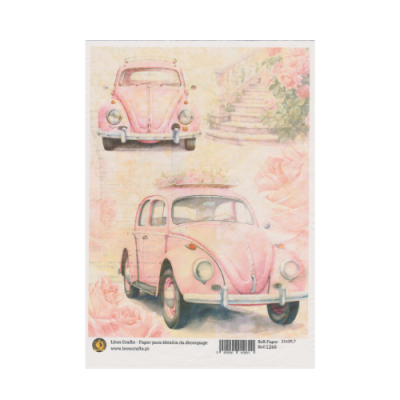 Papel para decoupage com carros clássicos cor-de-rosa e flores em tons pastel