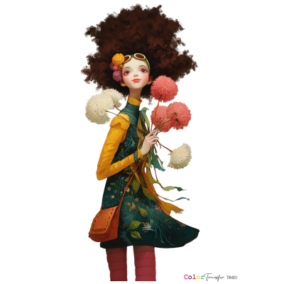 Ilustração de figura feminina com vestido floral e segurando flores grandes