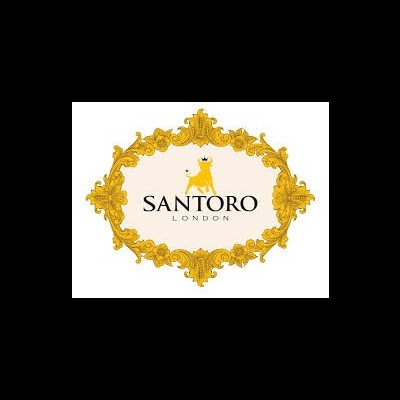 Logótipo 'SANTORO LONDON' com moldura dourada e ilustração de cão com coroa