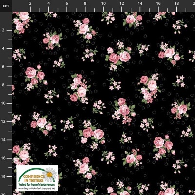 Tecido preto com padrão de flores cor-de-rosa e verdes e selo de certificação OEKO-TEX