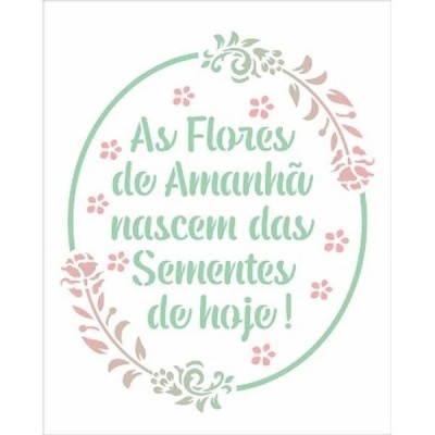 Texto em português dentro de círculo decorado com flores cor-de-rosa e bege