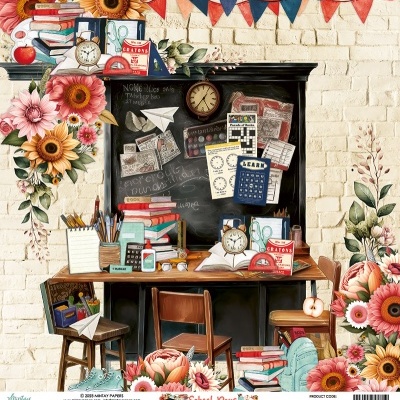 Ambiente escolar ilustrado com móveis, materiais de estudo e flores coloridas em fundo de tijolo branco