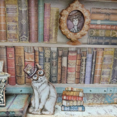 estante com livros antigos, gato com chapéu e óculos, pilha de livros pequenos e retrato oval decorativo