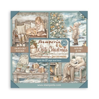 Papel para scrapbook Stamperia White Christmas com imagens de inverno e Natal.