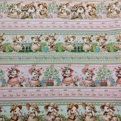 Tecido estampado com ratinhos vintage em faixas horizontais coloridas