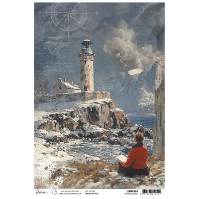 Impressão artística de farol antigo com pessoa e paisagem de montanhas nevadas