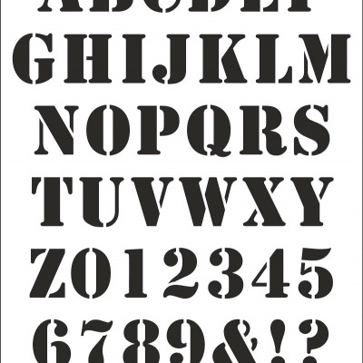 Estêncil com letras e números em preto sobre fundo branco