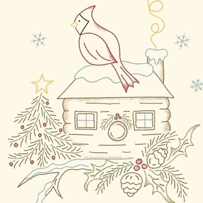 Desenho de casa de madeira com pássaro, árvore de Natal e raminhos festivos