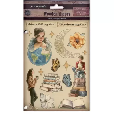 Formas de madeira decorativas com ilustrações coloridas e frases em inglês.