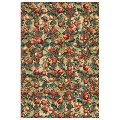 Papel de embrulho de Natal com bolas vermelhas e douradas e ramos verdes com bagas