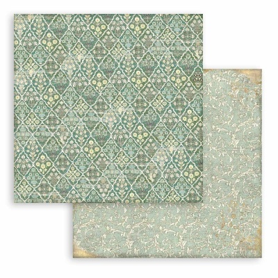 Papel decorativo com padrões vintage e florais em tons verdes, azuis e bege