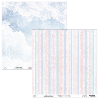 Folha dupla-face de papel decorativo com padrão de nuvens e padrão listrado azul e rosa