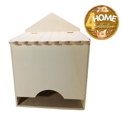 Cabine de madeira branca com tecto bicolor e logo decorativo