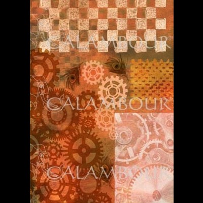 Design decorativo com padrões de engrenagens e texto 'GALAXABOUR'