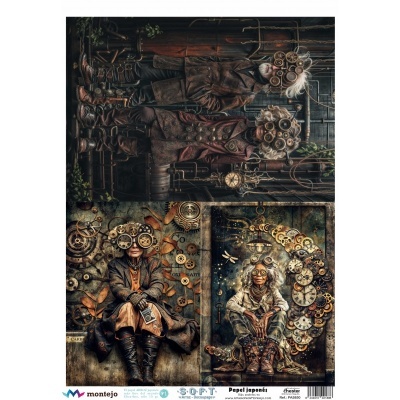 Dois quadros steampunk com figuras vestidas em estilo vintage e engrenagens mecânicas