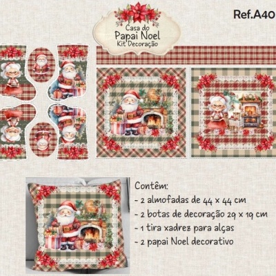 Kit de decoração de Natal com almofadas, botas e figuras de Papai Noel, cores vermelha, verde e bege, padrão xadrez e motivos florais