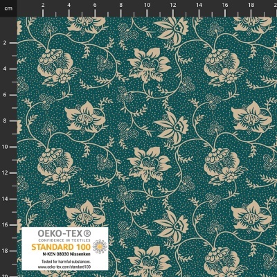 tecido azul com padrão floral bege e etiqueta OEKO-TEX no canto inferior