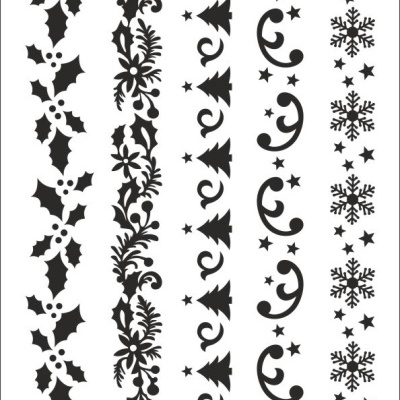 Stencil com padrões de Natal em preto sobre fundo branco.