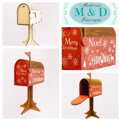 Correio de madeira decorativo vermelho e madeira clara com texto natalício
