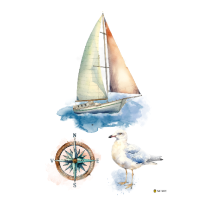 Veleiro, bússola e gaivota em aquarela sobre fundo branco