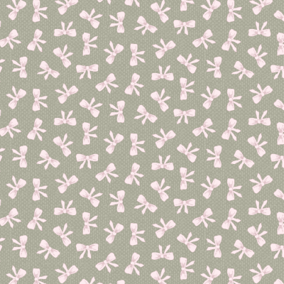 tecido com padrão de laços rosa claro sobre fundo cinzento esverdeado