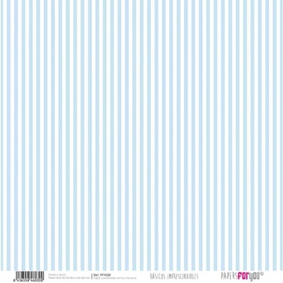 Papel decorativo com riscas verticais azuis e texto no rodapé.