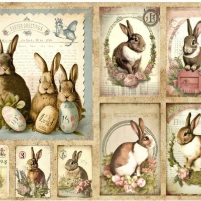 Ilustrações vintage de coelhos e ovos de Páscoa em fundo bege