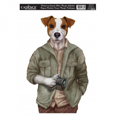 Figura de cão Jack Russell antropomórfico com casaco verde e câmara fotográfica