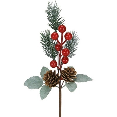 Ramo decorativo artificial com elementos verdes, bagas vermelhas e pinhas