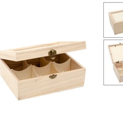 Caixa de madeira com tampa aberta e fechada e divisórias internas