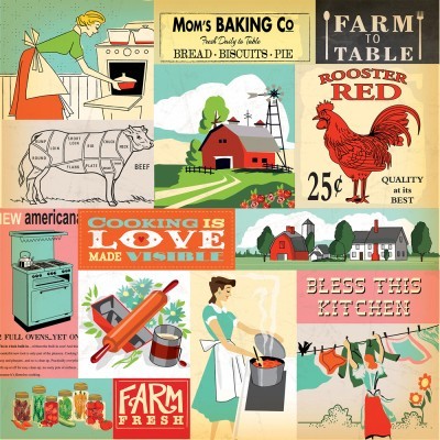 Colagem vintage de cozinha e agricultura com textos e imagens como forno, vaca, galinha e fazenda