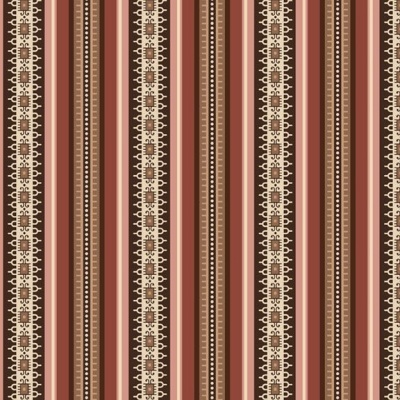 Padrão têxtil listrado em tons de castanho, bege e rosa com detalhes decorativos