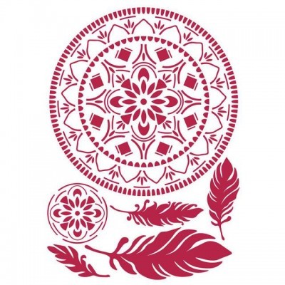 Padrões decorativos vermelhos com mandalas e penas estilizadas sobre fundo branco