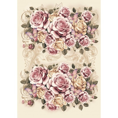 Padrão floral com rosas e borboletas em tons cremes e rosas sobre fundo creme.