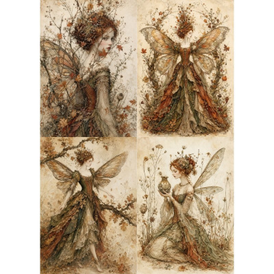 Ilustrações de fadas em vestidos outonais com asas transparentes e elementos naturais.