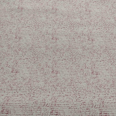 Tecido bege com padrão de texto castanho em escrita cursiva